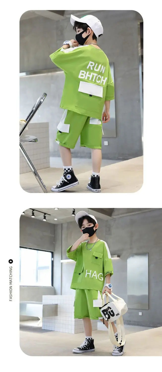 Boys Summer Activewear Set Quick Dry Tee and Shorts Moisture Wicking Outfit in bright green worn by child with black sneakers and cap