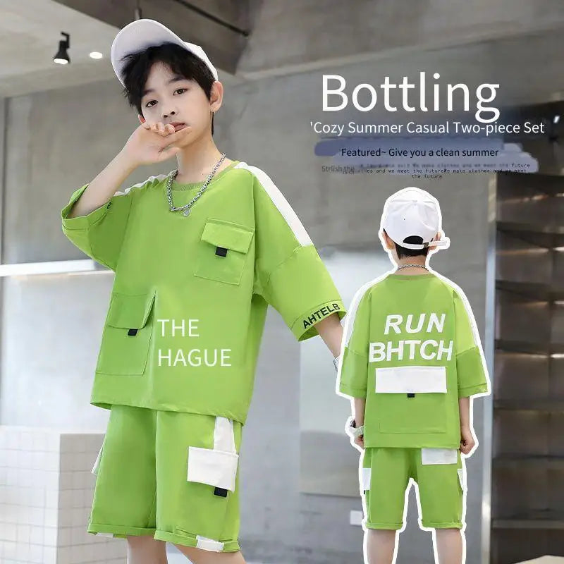 Boys Summer Activewear Set Quick Dry Tee and Shorts Moisture Wicking Outfit in green with pockets and white cap