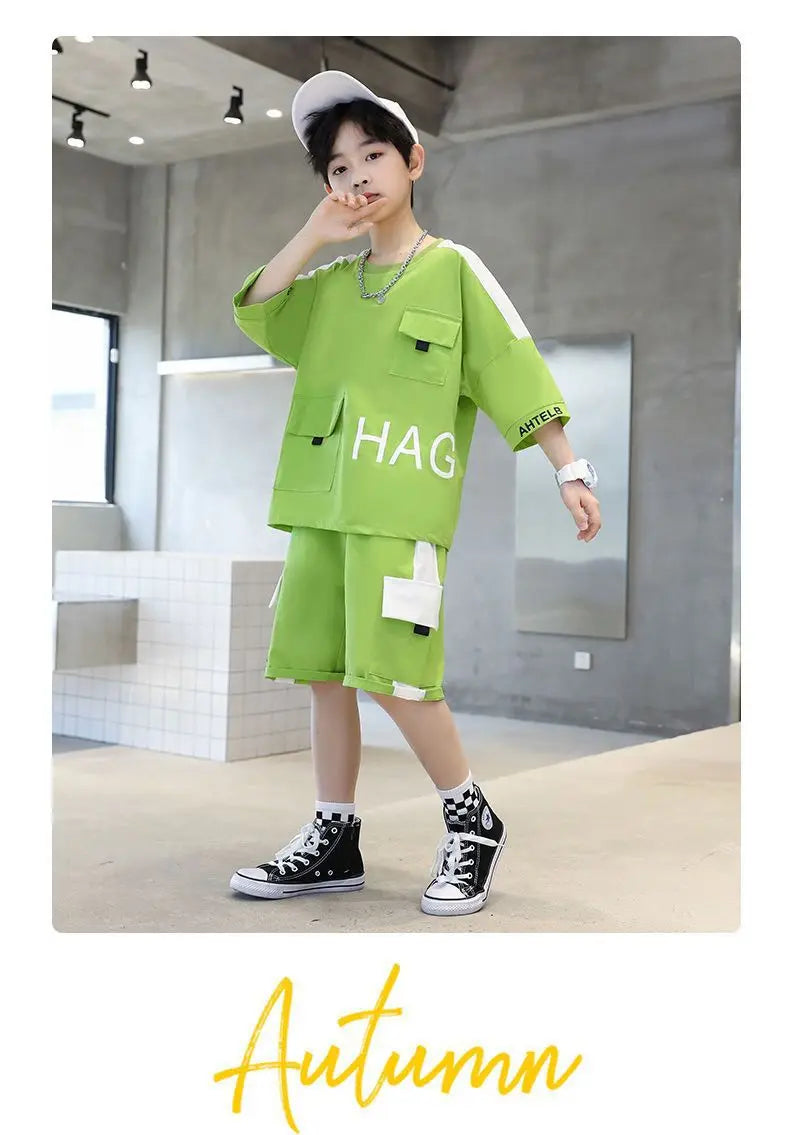 Boys Summer Activewear Set Quick Dry Tee and Shorts Moisture Wicking Outfit in bright green with pockets