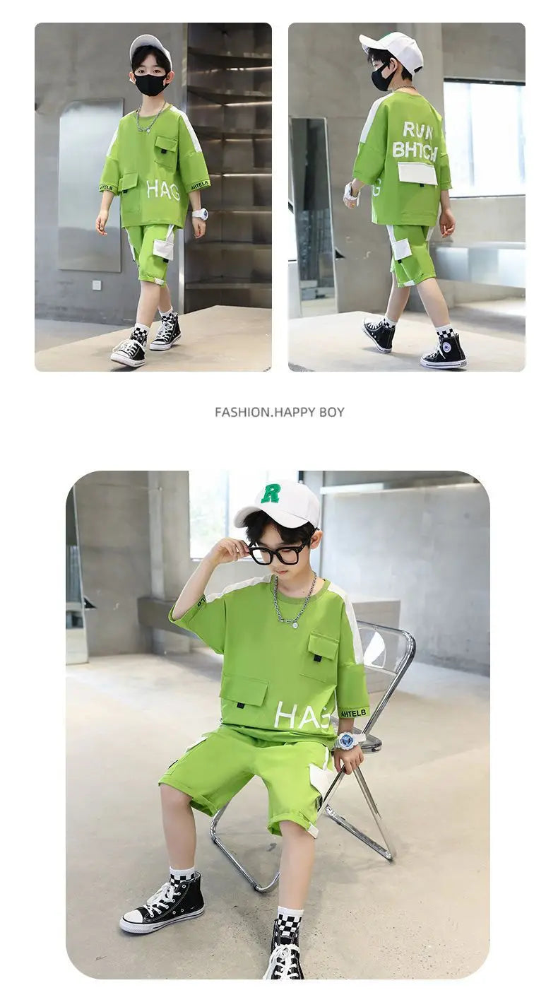 Boys Summer Activewear Set Quick Dry Tee and Shorts Moisture Wicking Outfit in bright green by Yamza Tots' Closet