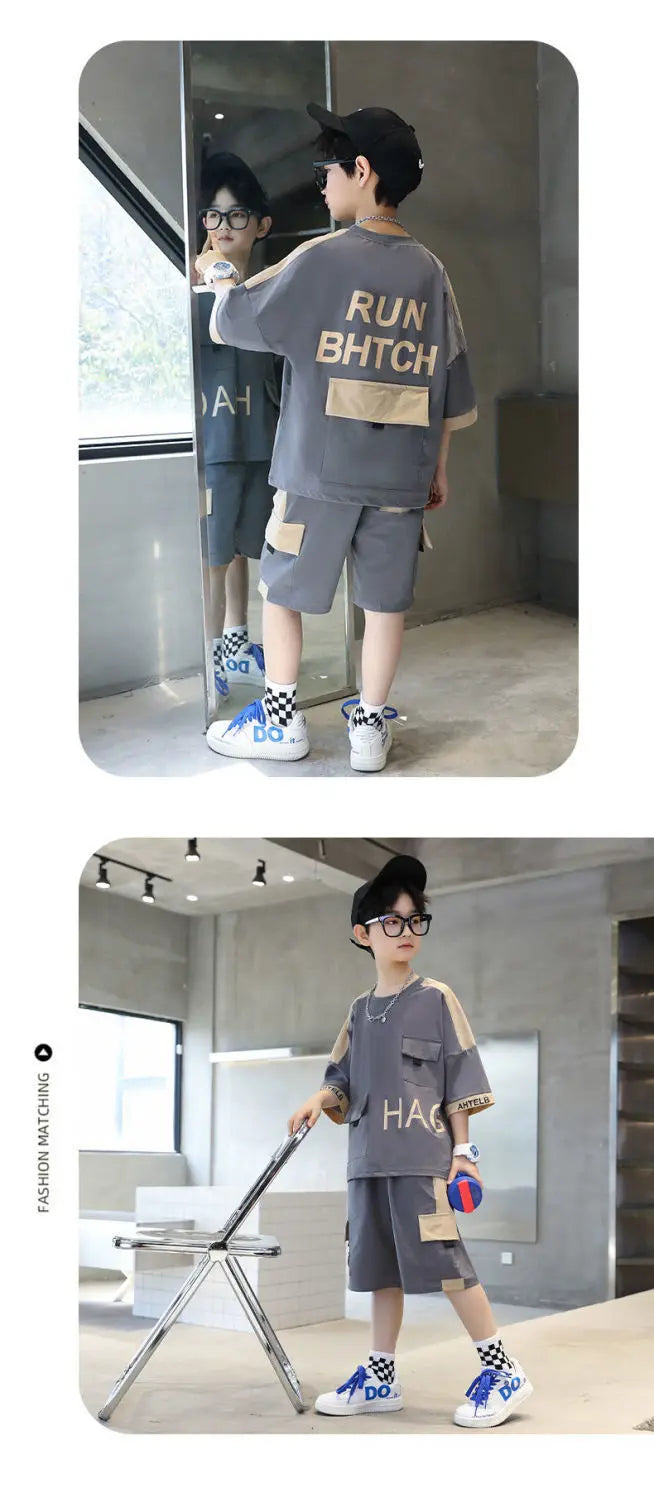 Boys Summer Activewear Set Quick Dry Tee and Shorts Moisture Wicking Outfit by Yamza Tots Closet in gray with beige accents 