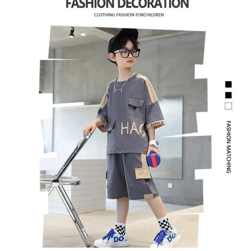 Boys Summer Activewear Set Quick Dry Tee and Shorts Moisture Wicking Outfit in gray with beige accents