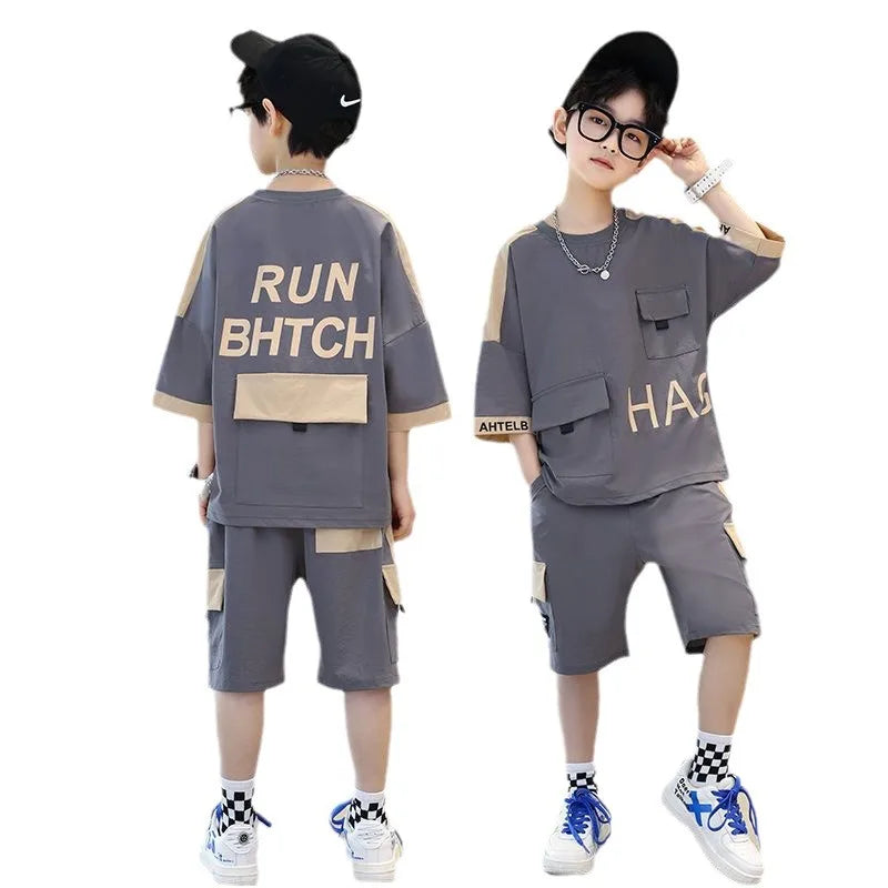 Boys Summer Activewear Set Quick Dry Tee and Shorts Moisture Wicking Outfit in gray with beige accents 