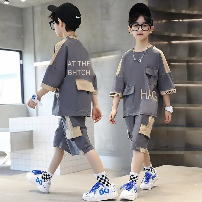 Boys Summer Activewear Set Quick Dry Tee and Shorts Moisture Wicking Outfit by Yamza Tots Closet in gray with beige accents