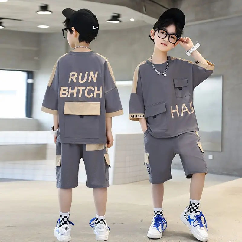 Boys Summer Activewear Set Quick Dry Tee and Shorts Moisture Wicking Outfit by Yamza Tots' Closet in gray and beige