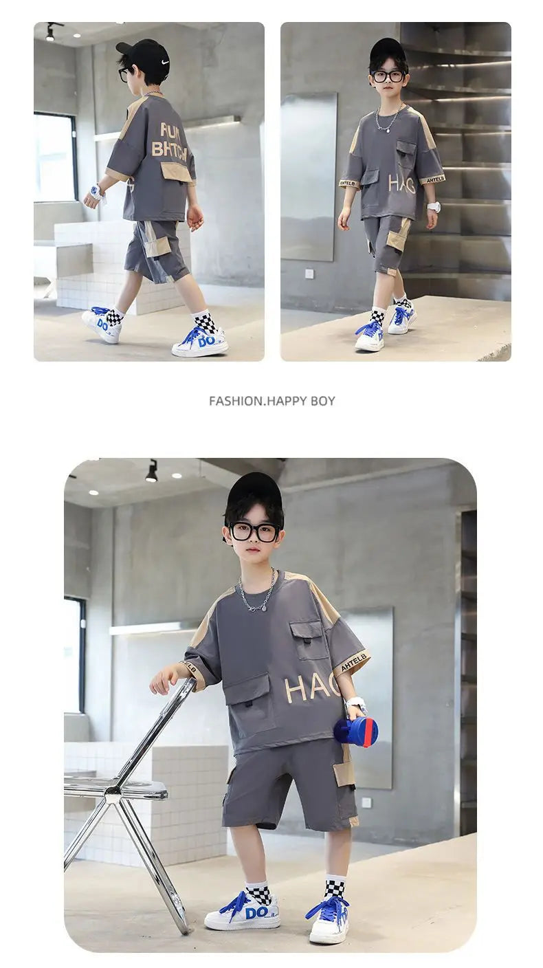 Boys Summer Activewear Set Quick Dry Tee and Shorts Moisture Wicking Outfit by Yamza Tots' Closet modeled in gray with sporty design