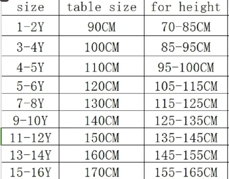 Size chart for boys summer activewear set quick dry tee and shorts moisture wicking outfit from Yamza Tots' Closet