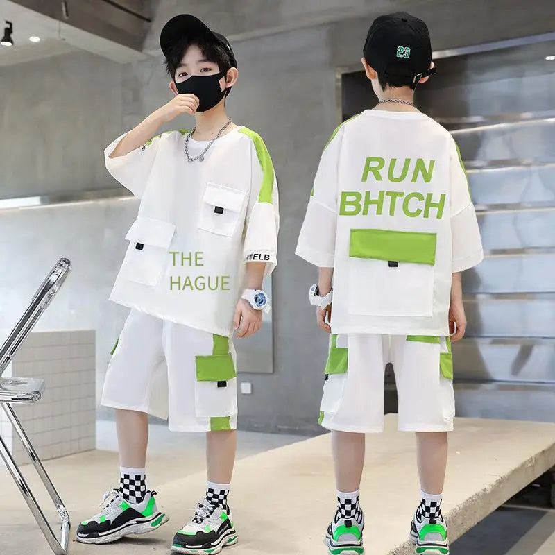 Boys Summer Activewear Set Quick Dry Tee and Shorts Moisture Wicking Outfit in white and green with pockets and sporty design