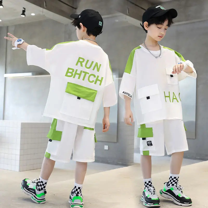 Boys Summer Activewear Set Quick Dry Tee and Shorts Moisture Wicking Outfit in white and green with pocket details
