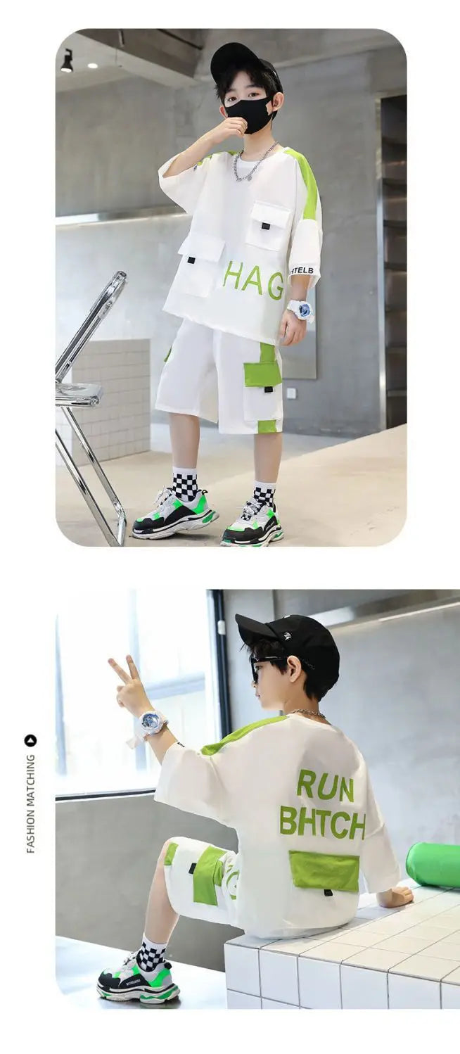 Boys Summer Activewear Set Quick Dry Tee and Shorts Moisture Wicking Outfit by Yamza Tots' Closet with green and white design