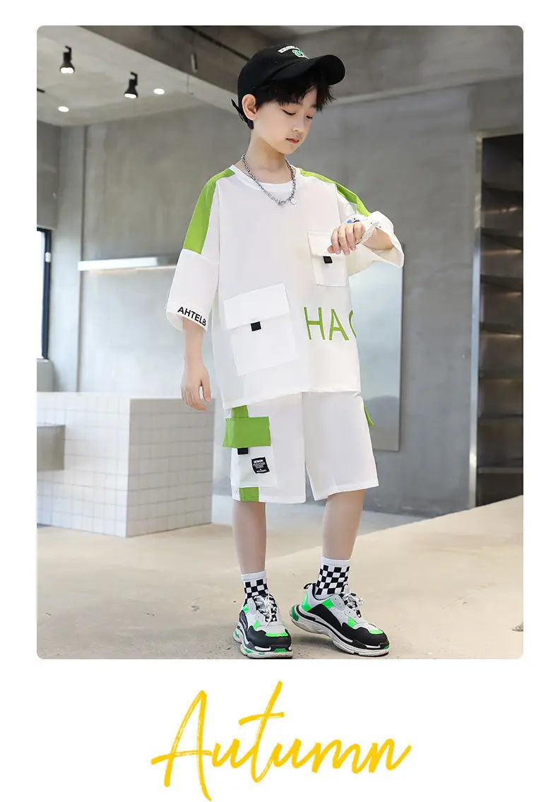 Boys Summer Activewear Set Quick Dry Tee and Shorts Moisture Wicking Outfit by Yamza Tots' Closet in white and green