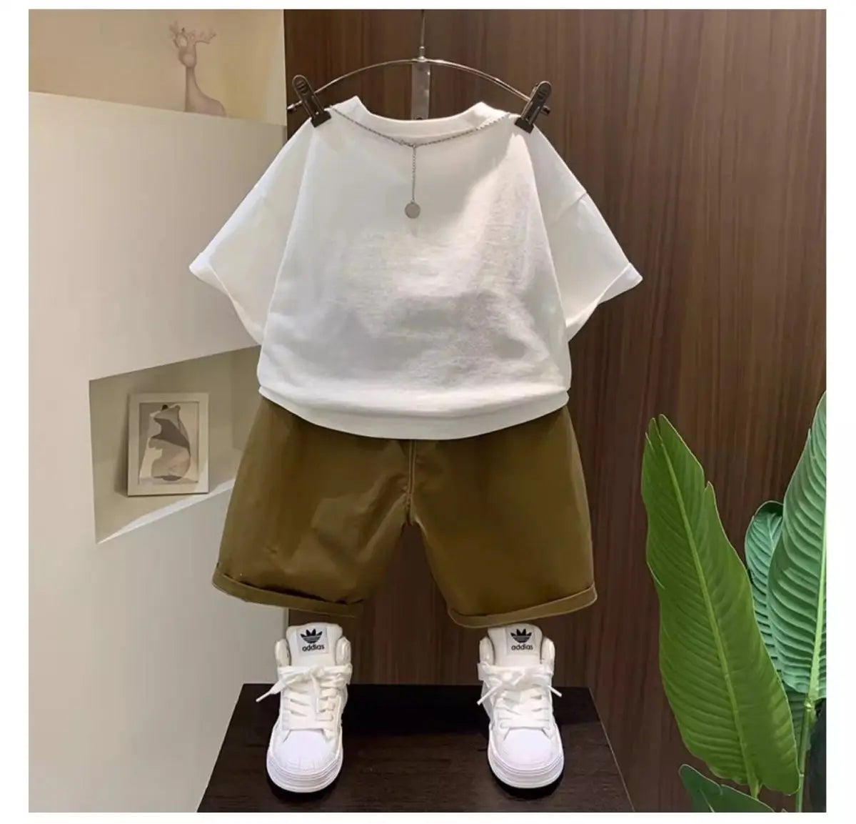Boys Summer Two Piece Set Korean Style T Shirt and Shorts Casual Outfit with white shirt and brown shorts  