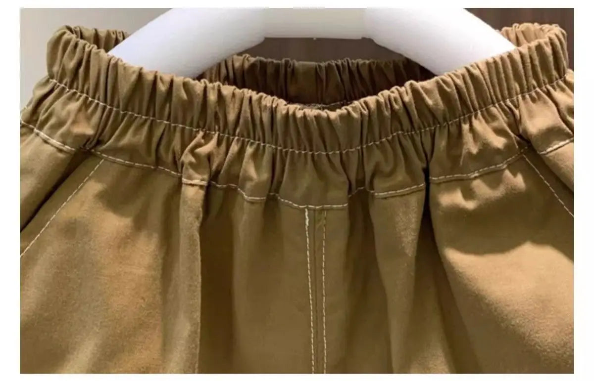 Close-up of brown elastic waistband on Boys Summer Two Piece Set Korean Style T Shirt and Shorts Casual Outfit by Yamza Tots' Closet