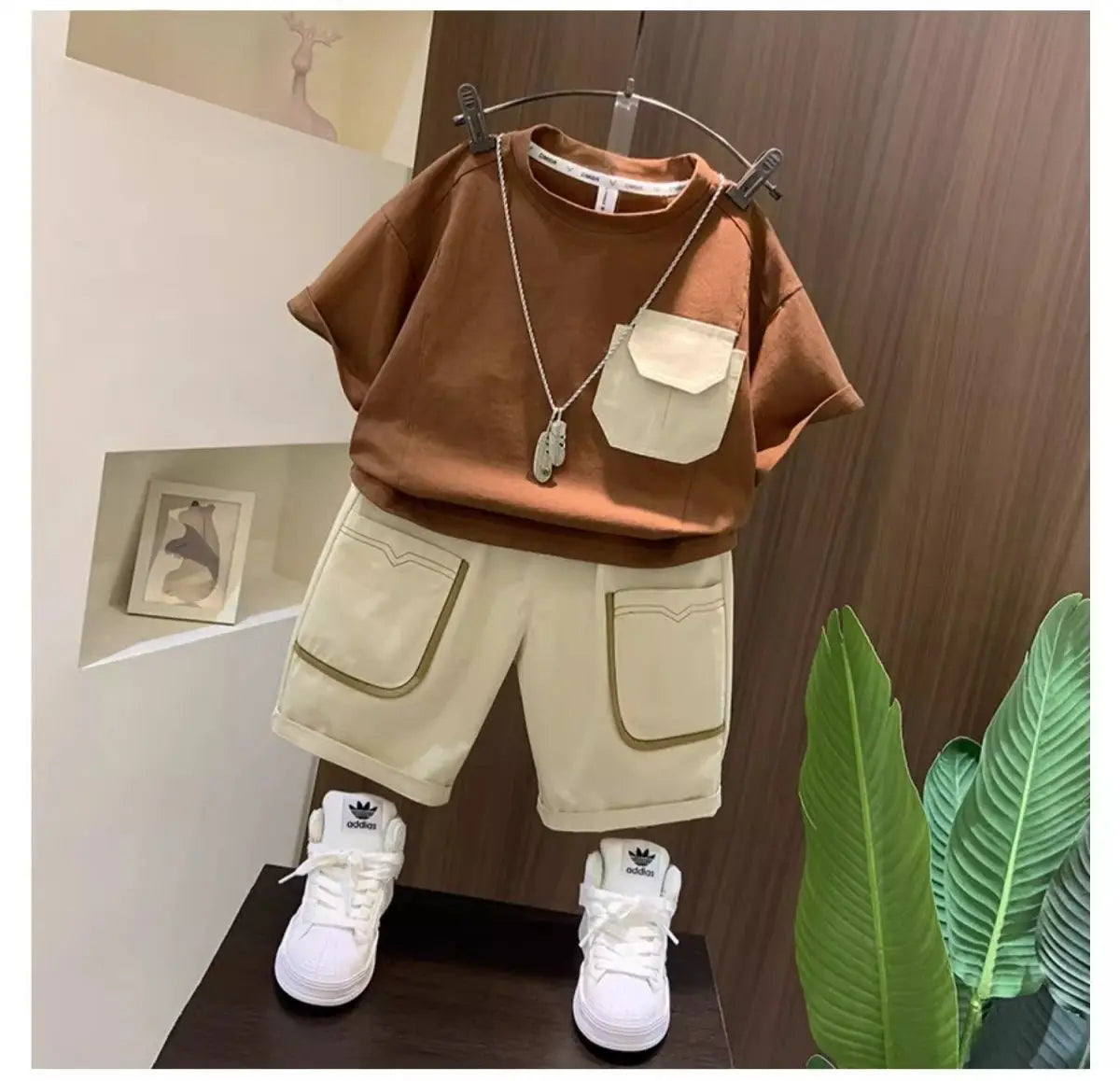 Boys Summer Two Piece Set Korean Style T Shirt and Shorts Casual Outfit in brown and beige with white sneakers 