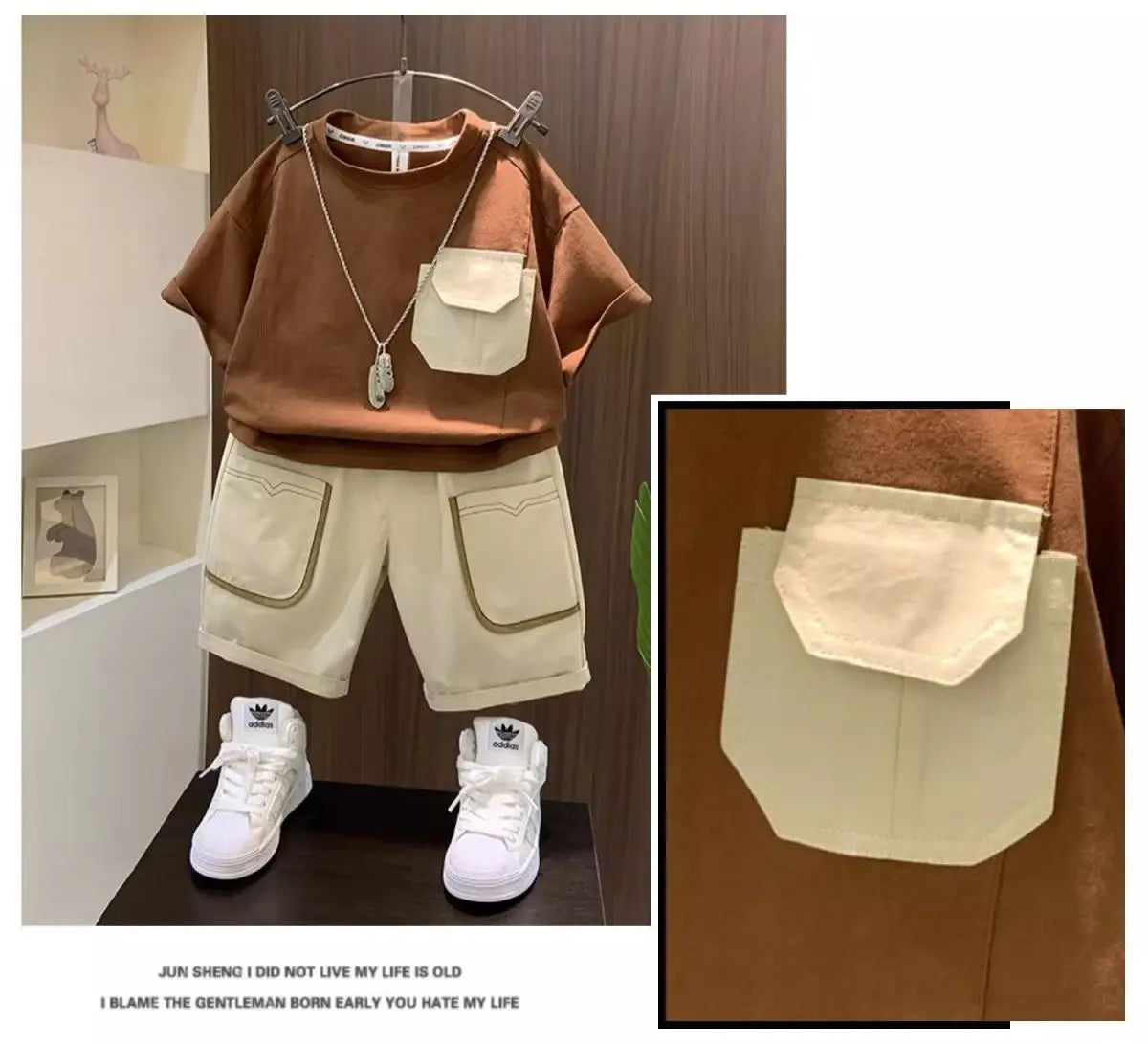 Boys Summer Two Piece Set Korean Style T Shirt and Shorts Casual Outfit with brown top and beige shorts  
