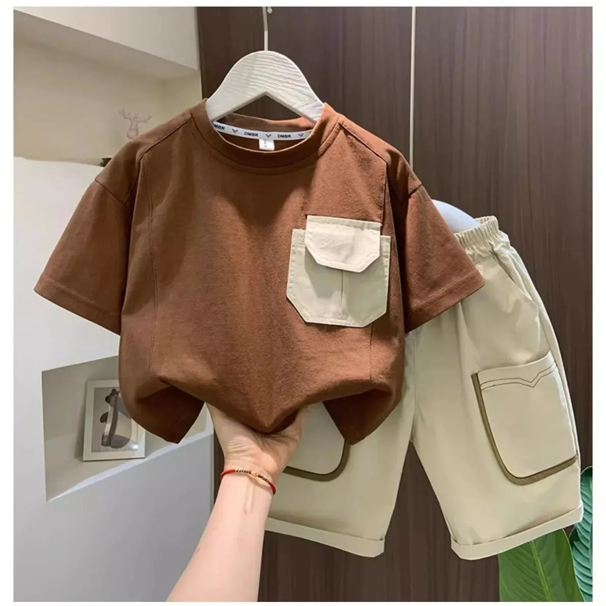 Boys Summer Two Piece Set Korean Style T Shirt and Shorts Casual Outfit with brown top and beige shorts 