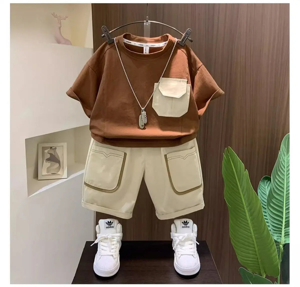 Boys Summer Two Piece Set Korean Style T Shirt and Shorts Casual Outfit in brown and beige with white sneakers