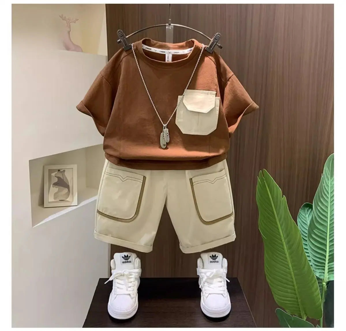 Boys Summer Two Piece Set Korean Style T Shirt and Shorts Casual Outfit in brown and beige with white sneakers