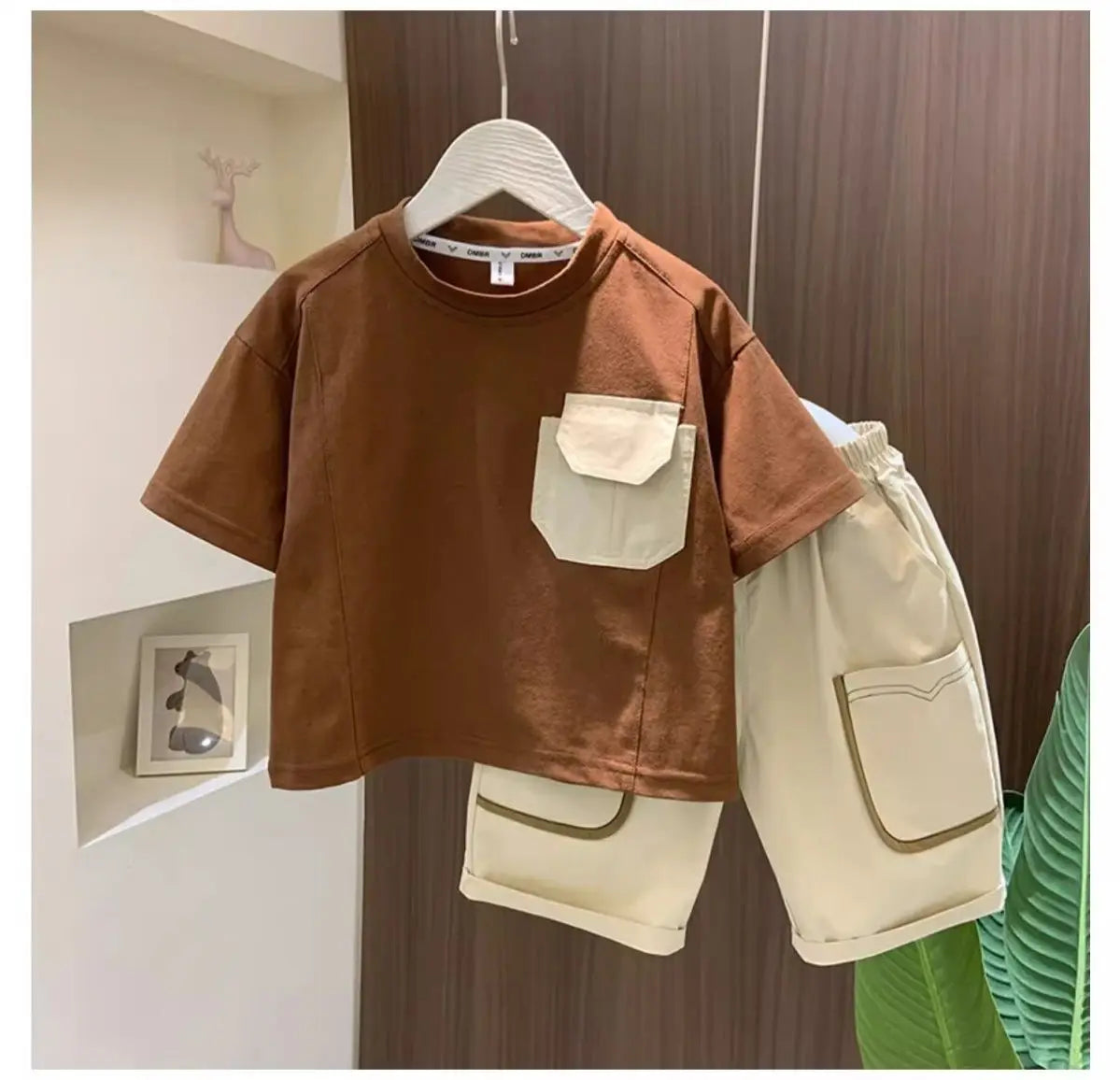 Boys Summer Two Piece Set Korean Style T Shirt and Shorts Casual Outfit with brown top and beige shorts