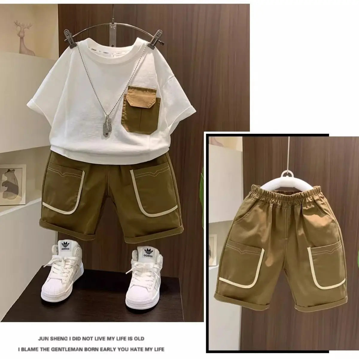 Boys Summer Two Piece Set Korean Style T Shirt and Shorts Casual Outfit with White T-shirt and brown shorts