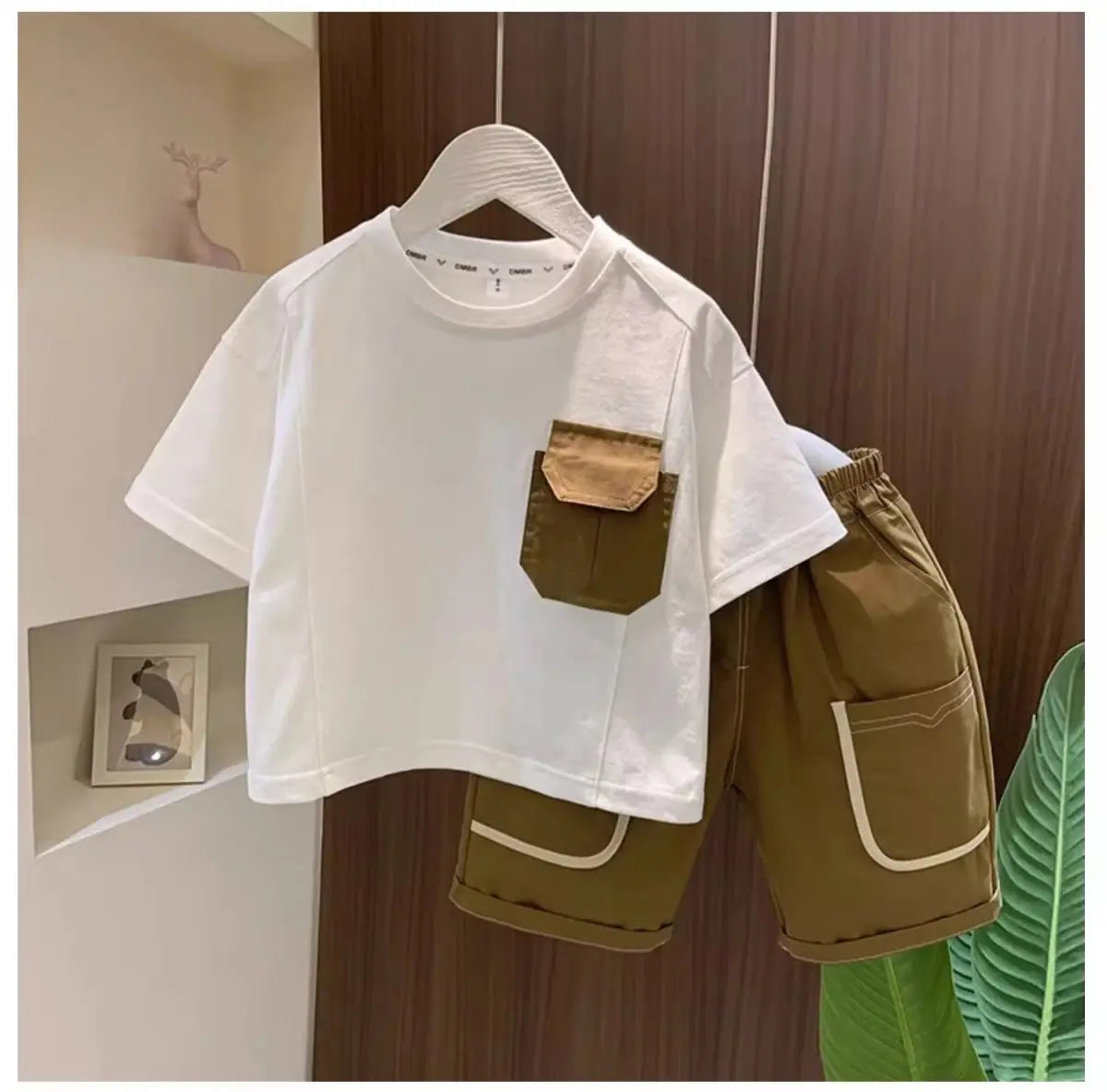 Boys Summer Two Piece Set Korean Style T Shirt and Shorts Casual Outfit with white shirt and brown shorts