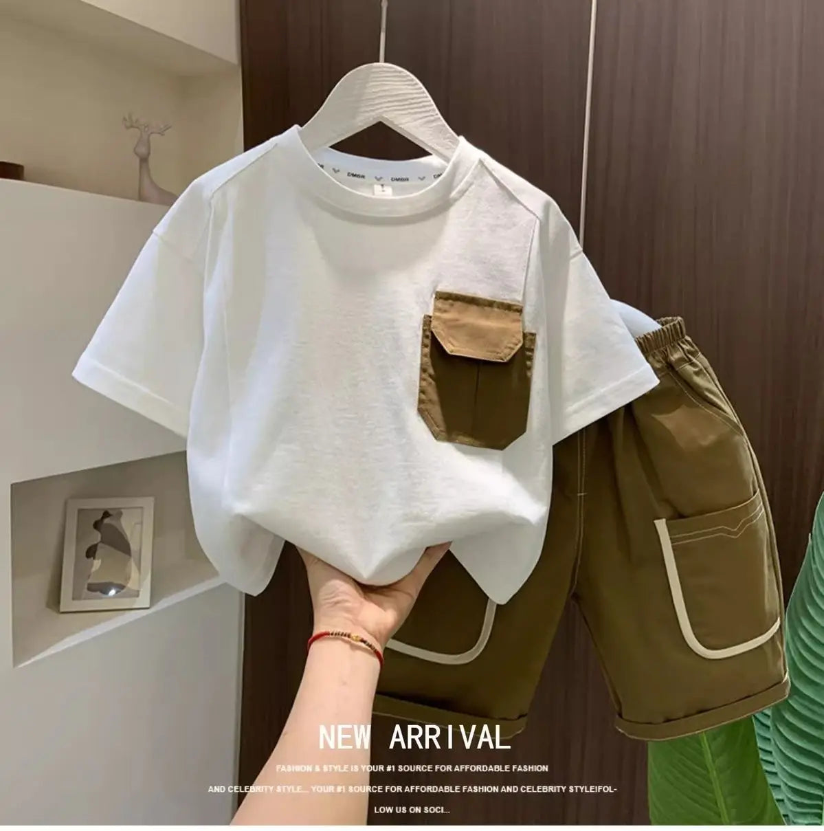 Boys Summer Two Piece Set Korean Style T Shirt and Shorts Casual Outfit by Yamza Tots' Closet with white tee and olive green shorts