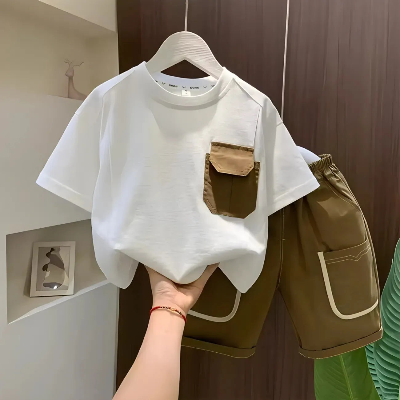 Boys Summer Two Piece Set Korean Style T Shirt and Shorts Casual Outfit with white top and brown shorts