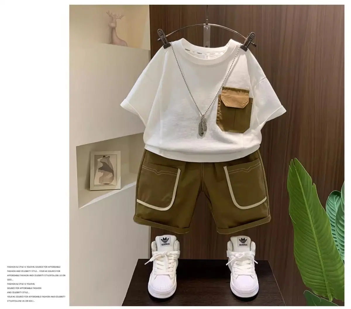 Boys Summer Two Piece Set Korean Style T Shirt and Shorts Casual Outfit with white shirt and brown shorts 