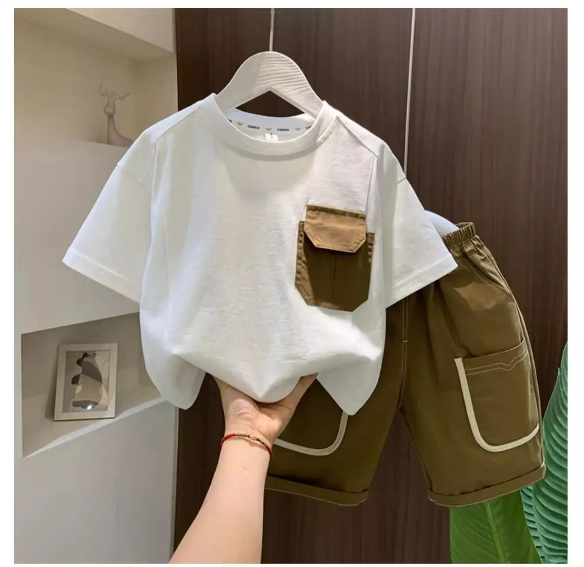 Boys Summer Two Piece Set Korean Style T Shirt and Shorts Casual Outfit with white tee and brown pockets