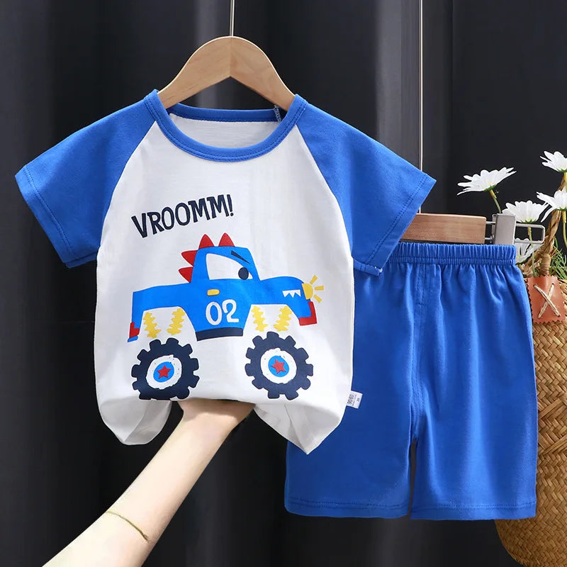 Cartoon Kids Clothes 2 Piece Set Donald Duck T-shirt and Shorts Summer Outfit in blue and white with car design