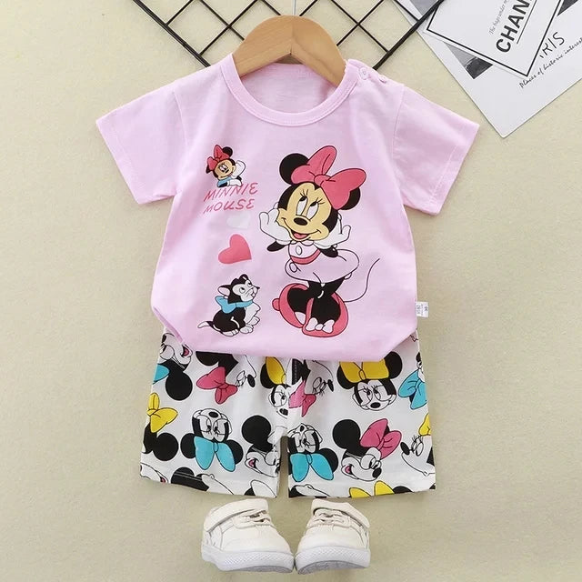 Cartoon Kids Clothes 2 Piece Set Donald Duck T-shirt and Shorts Summer Outfit featuring Minnie Mouse design in pink and multicolor