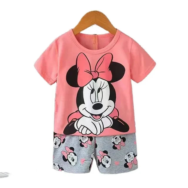 Cartoon Kids Clothes 2 Piece Set Donald Duck T-shirt and Shorts Summer Outfit with pink top and gray Minnie Mouse shorts