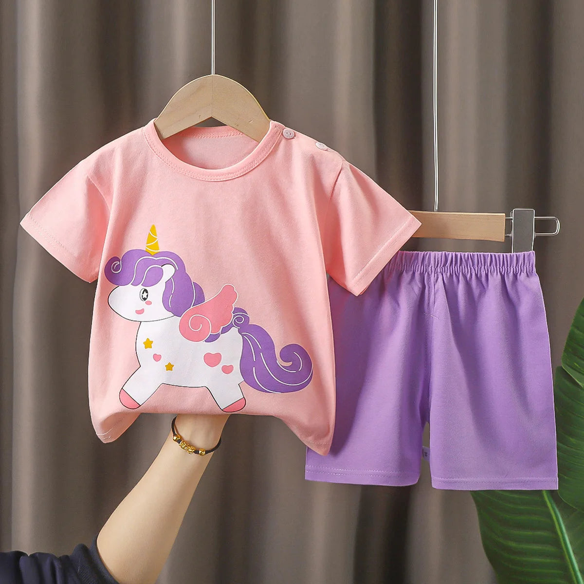 Cartoon Kids Clothes 2 Piece Set Donald Duck T-shirt and Shorts Summer Outfit with pink unicorn shirt and purple shorts
