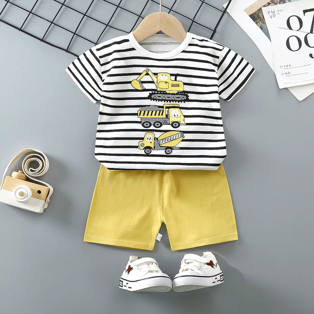 Cartoon Kids Clothes 2 Piece Set Donald Duck T-shirt and Shorts Summer Outfit with striped truck print top and yellow shorts