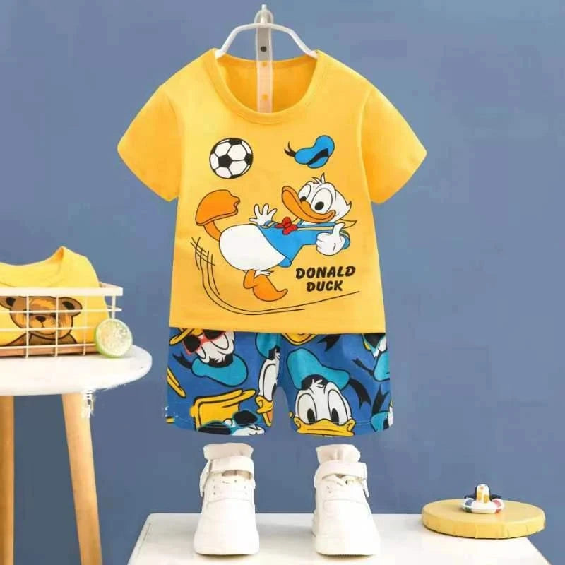 Cartoon Kids Clothes 2 Piece Set Donald Duck T-shirt and Shorts Summer Outfit in yellow and blue