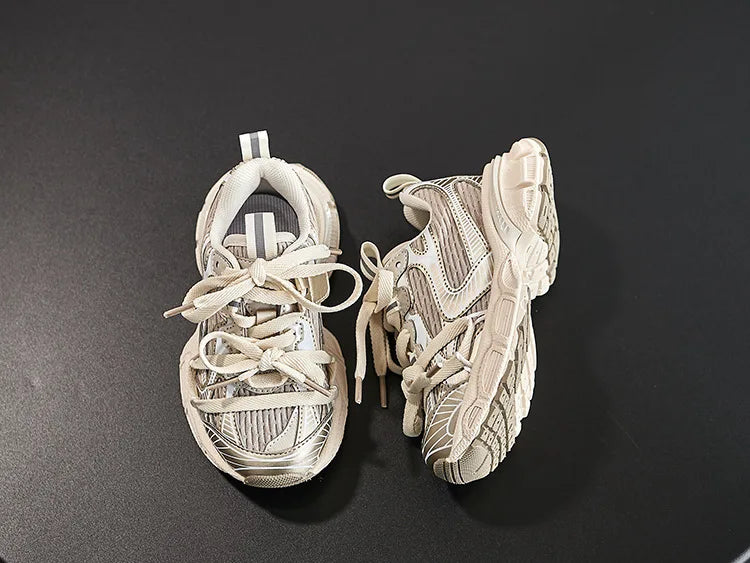 Kids Sneakers Breathable Soft Sole Running Shoes for Boys and Girls in beige and white color