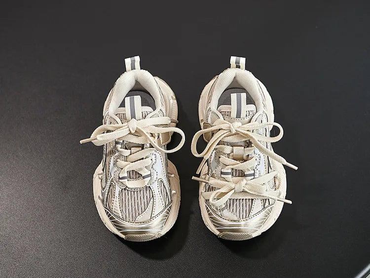 Kids Sneakers Breathable Soft Sole Running Shoes for Boys and Girls in beige with lace-up design
