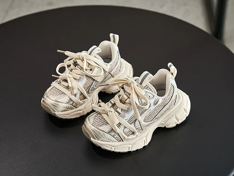 Kids Sneakers Breathable Soft Sole Running Shoes for Boys and Girls in white with chunky sole and lace-up design