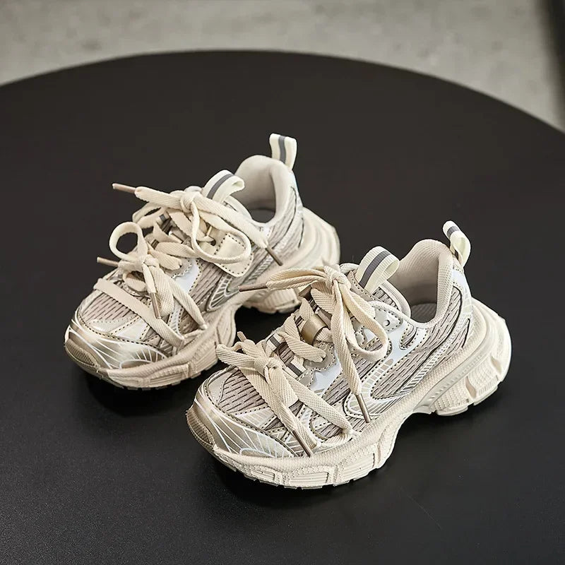 Kids Sneakers Breathable Soft Sole Running Shoes for Boys and Girls in beige with chunky design