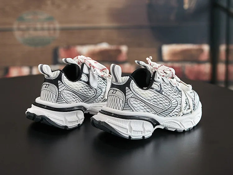 Kids Sneakers Breathable Soft Sole Running Shoes for Boys and Girls in white and black with red accents