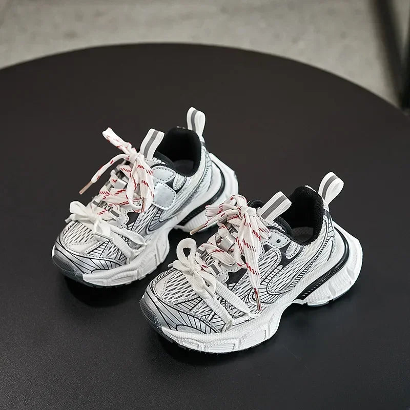 Kids Sneakers Breathable Soft Sole Running Shoes for Boys and Girls in white and black with red laces