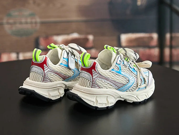 Yamza Tots' Closet kids sneakers breathable soft sole running shoes for boys and girls in white with neon green accents