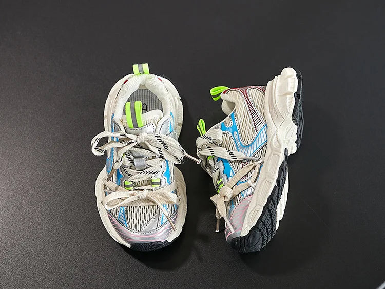 Yamza Tots Closet kids sneakers breathable soft sole running shoes for boys and girls in white with blue and green accents
