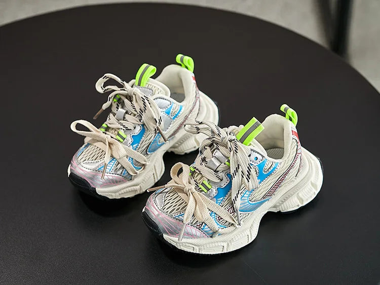 Kids Sneakers Breathable Soft Sole Running Shoes for Boys and Girls in white blue with neon green accents 