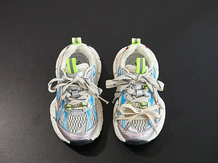 Kids Sneakers Breathable Soft Sole Running Shoes for Boys and Girls in white blue and neon green