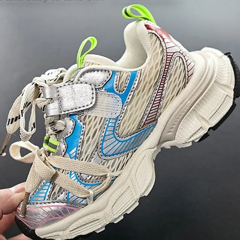 Kids Sneakers Breathable Soft Sole Running Shoes for Boys and Girls in beige with blue and green accents