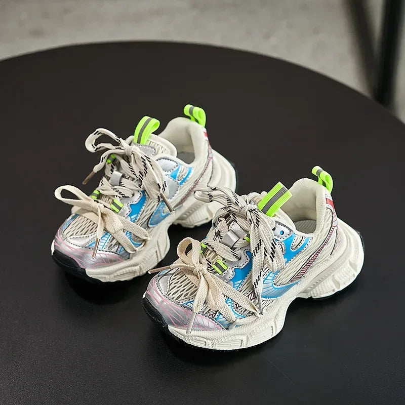 Kids Sneakers Breathable Soft Sole Running Shoes for Boys and Girls in white blue with neon green accents