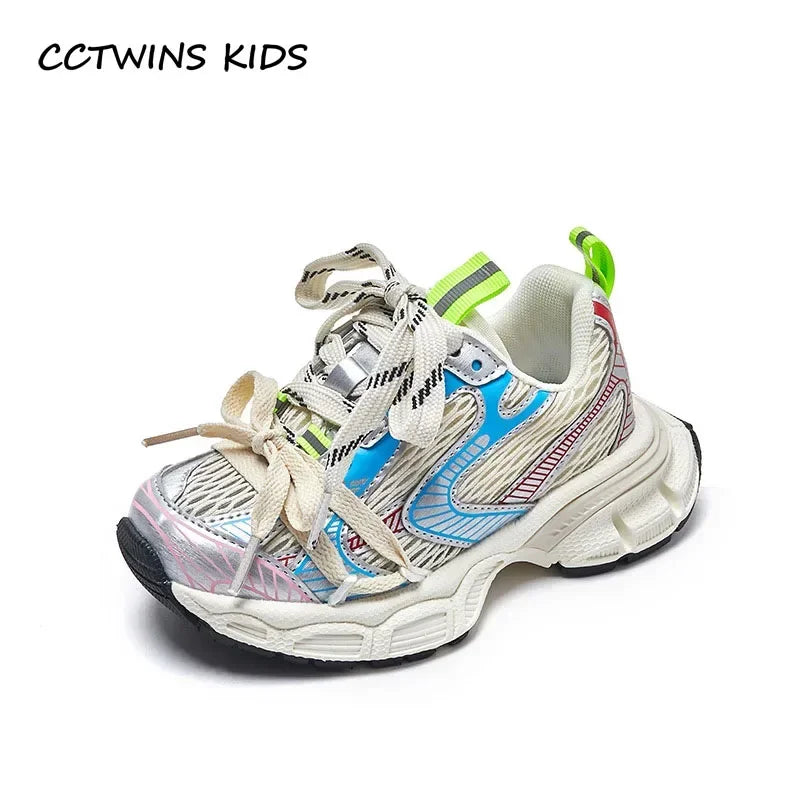 Kids Sneakers Breathable Soft Sole Running Shoes for Boys and Girls in white with blue and neon accents