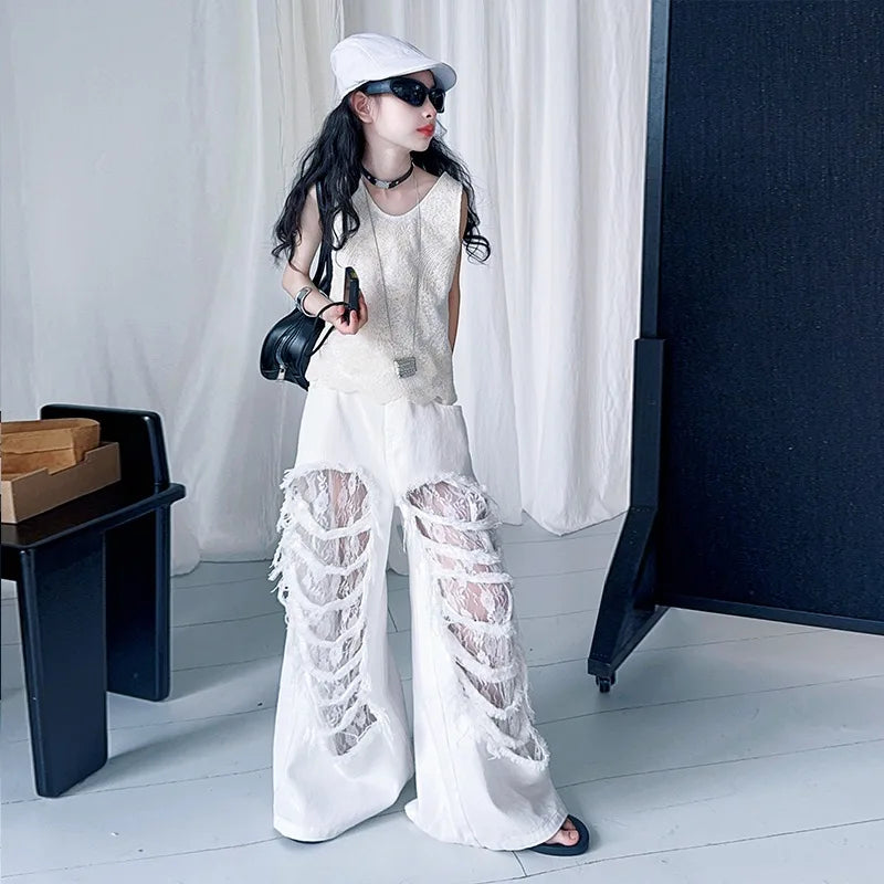 Child Fashion Street Style Y2K Clothes Set Girls Summer T Shirt and Pants with white torn pants and sleeveless top