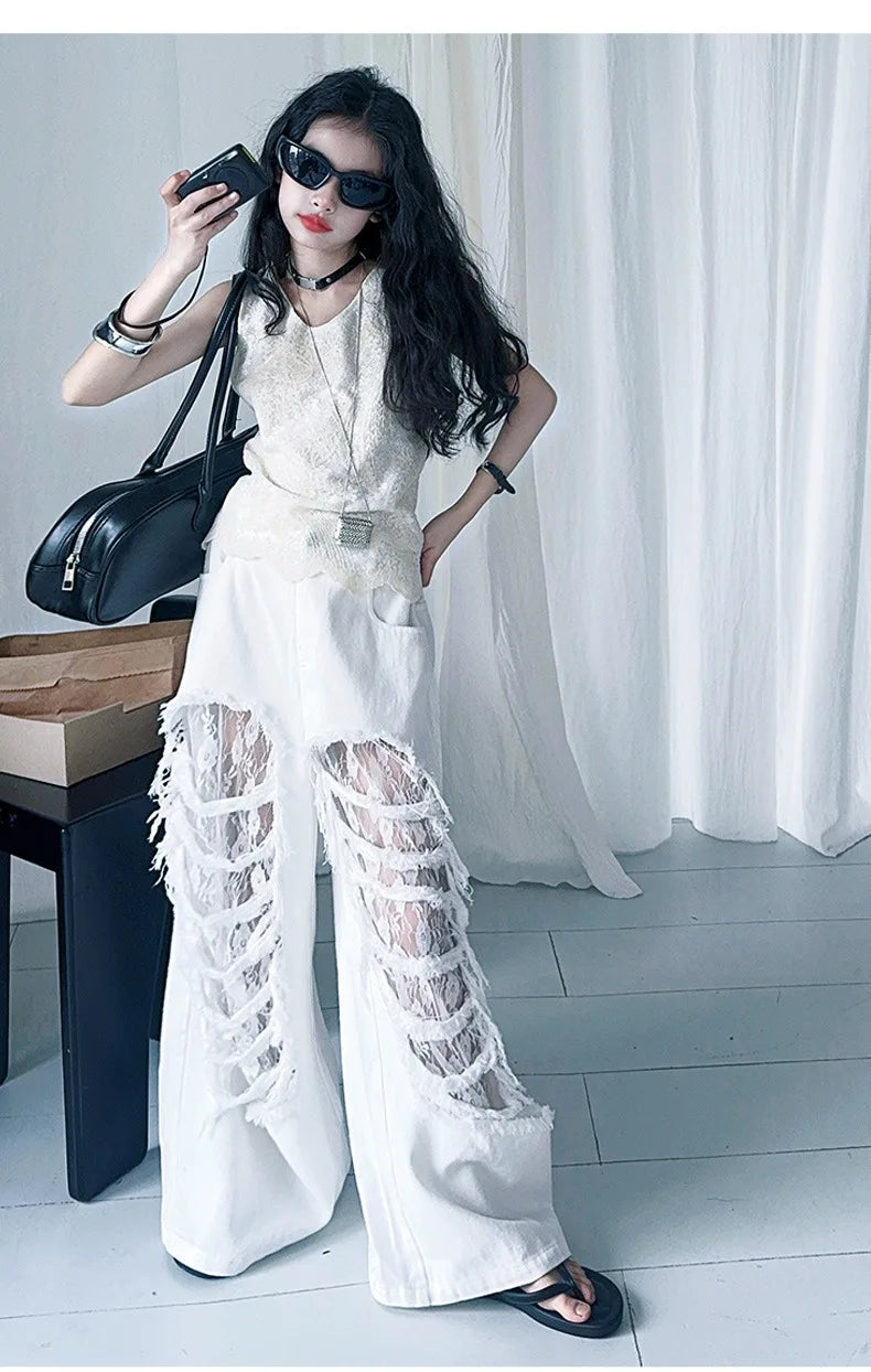Child Fashion Street Style Y2K Clothes Set Girls Summer T Shirt and Pants with ripped wide-leg white pants and sleeveless top